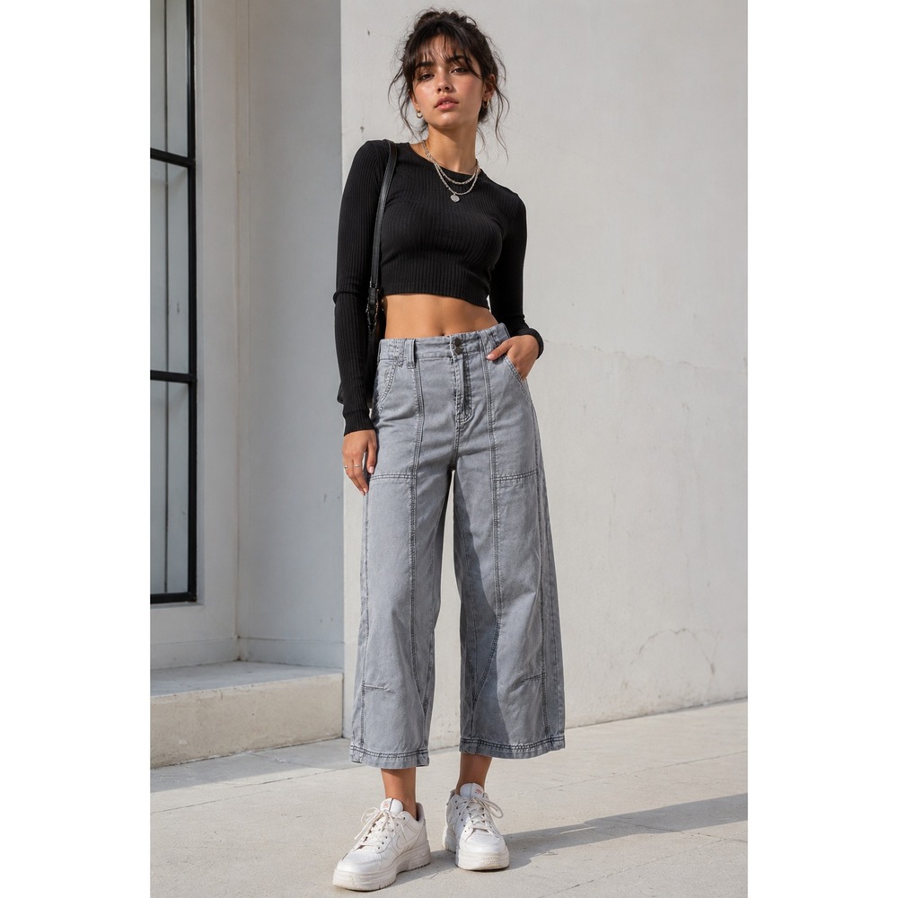 Oli & Hali Garment Dyed Trouser Cropped Wide Leg Barrel XL Jeans JP0466 Cotton